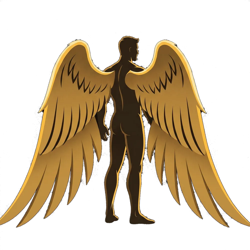 A winged figure standing alone on a dark ridge, holding his wings half open under their weight, a faint dawn glowing behind the horizon