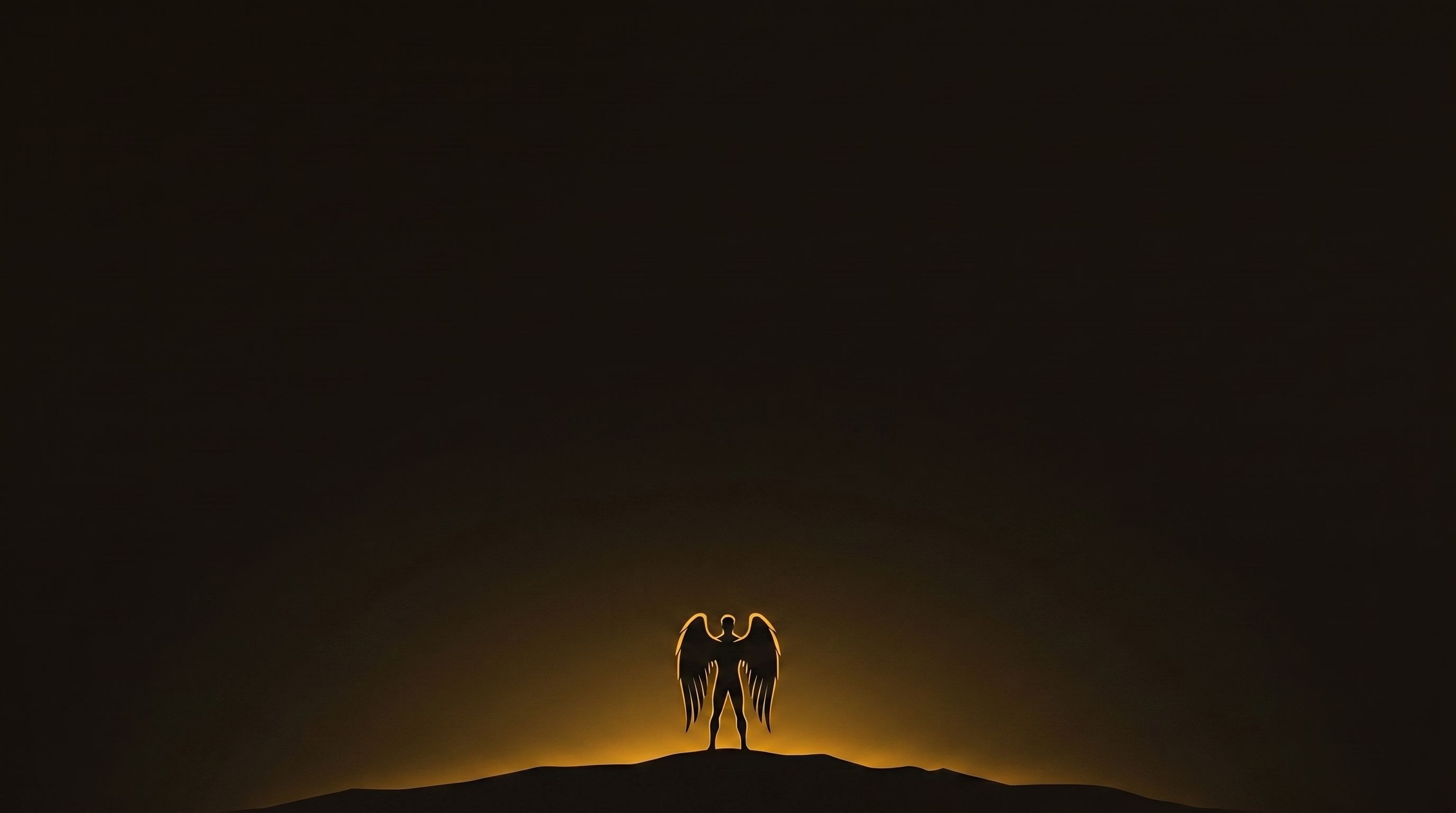 A winged figure standing alone on a dark ridge, a faint dawn glowing behind the horizon