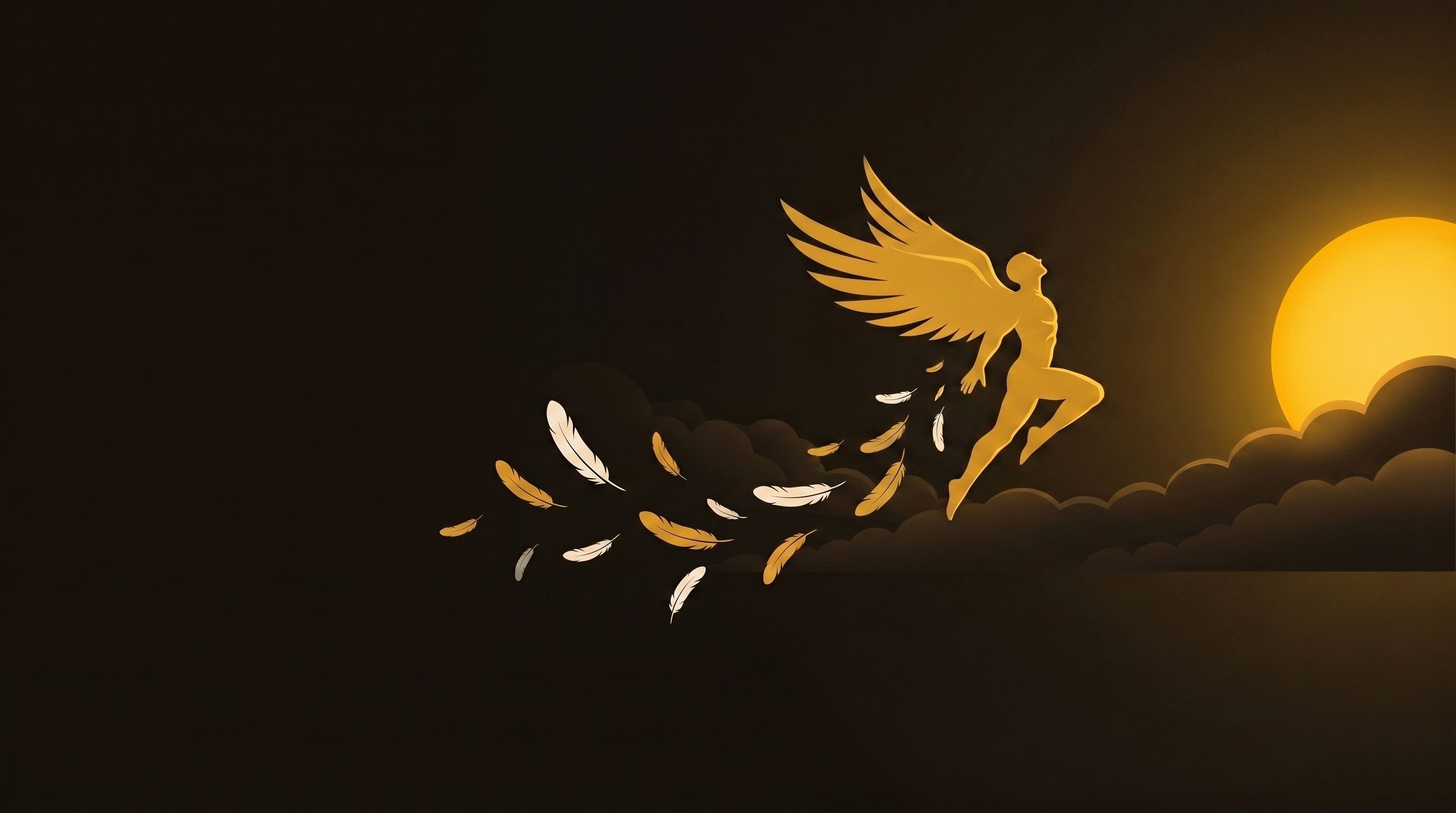 The winged figure banking confidently above the clouds, feathers streaming behind
