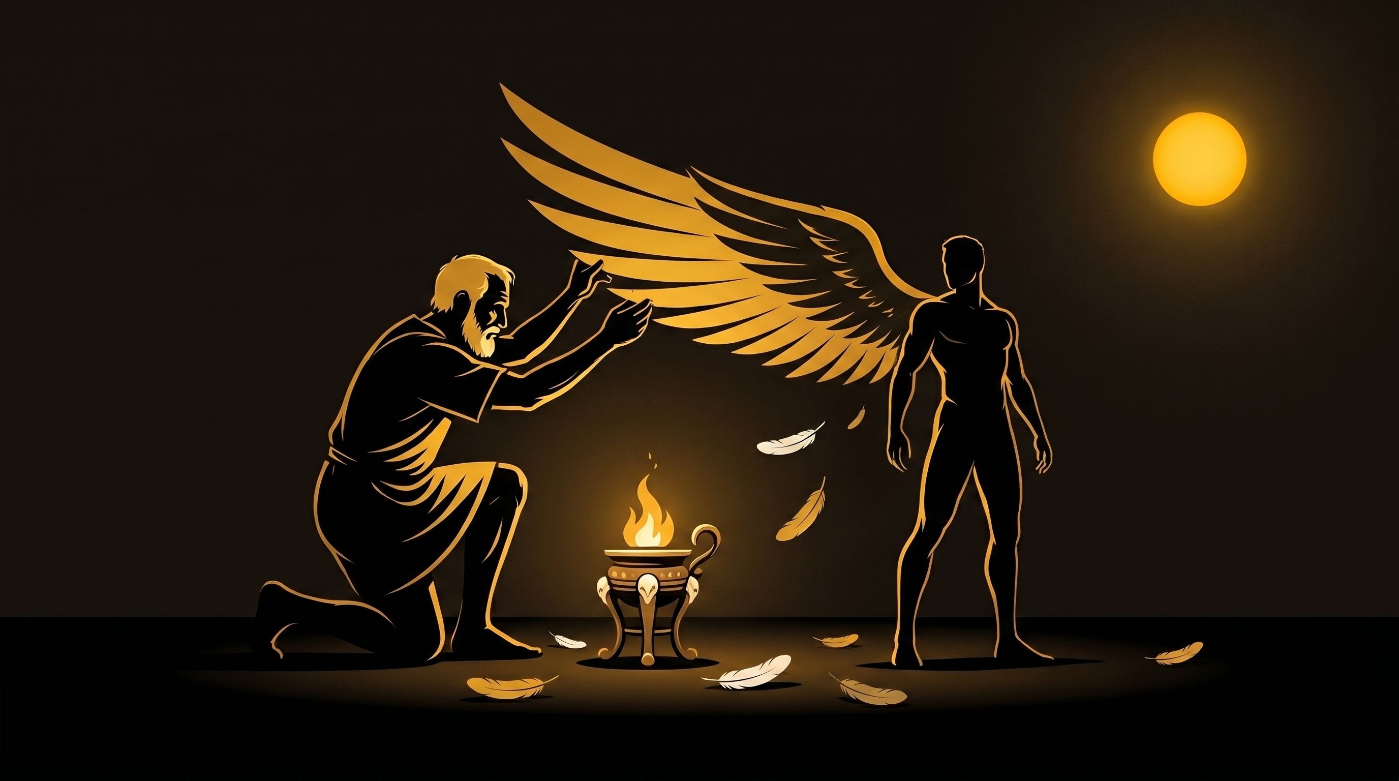A craftsman kneeling by lamplight, fitting a great golden wing onto the flyer