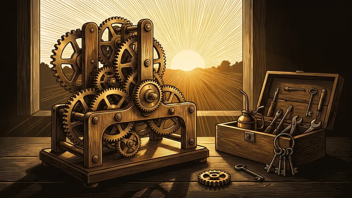 A hand-built clockwork machine of brass gears sits on a dark workbench beside an open toolbox, an oil can and a ring of keys, with one loose gear on the bench and a low gold sun shining through the window behind it.