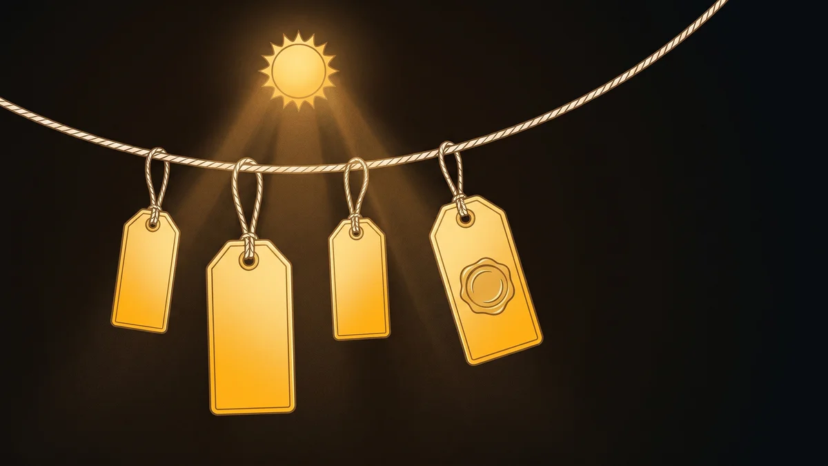 Four gold price tags of different sizes hanging from a single bone-colored cord under a small gold sun, three of them blank and the fourth stamped with a round seal, in gold and bone woodcut style on a deep umber ground.