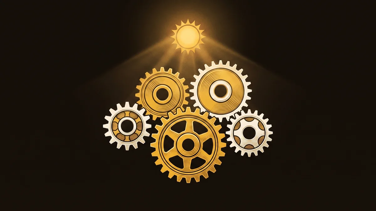 Five mismatched gold gears of different sizes meshed together as one working drivetrain beneath a small glowing sun, in gold and bone woodcut style on a deep umber ground.