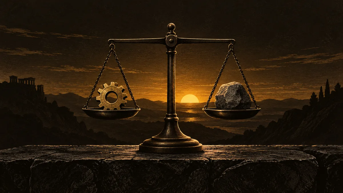 A bronze balance scale holds a brass gear and a stone above a dark ledge, with the gold sun low on the horizon behind it.
