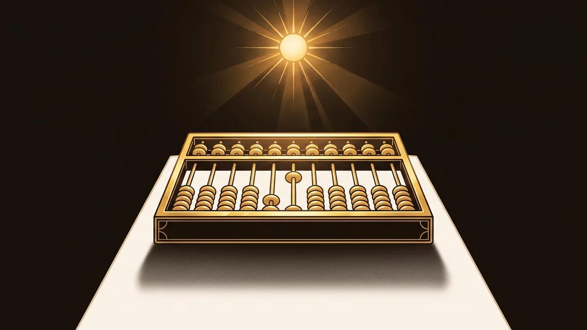 A gold abacus resting on a bone-colored surface, one bead slid apart from the rest on its rod, under a small gold sun, in gold and bone woodcut style on a deep umber ground.