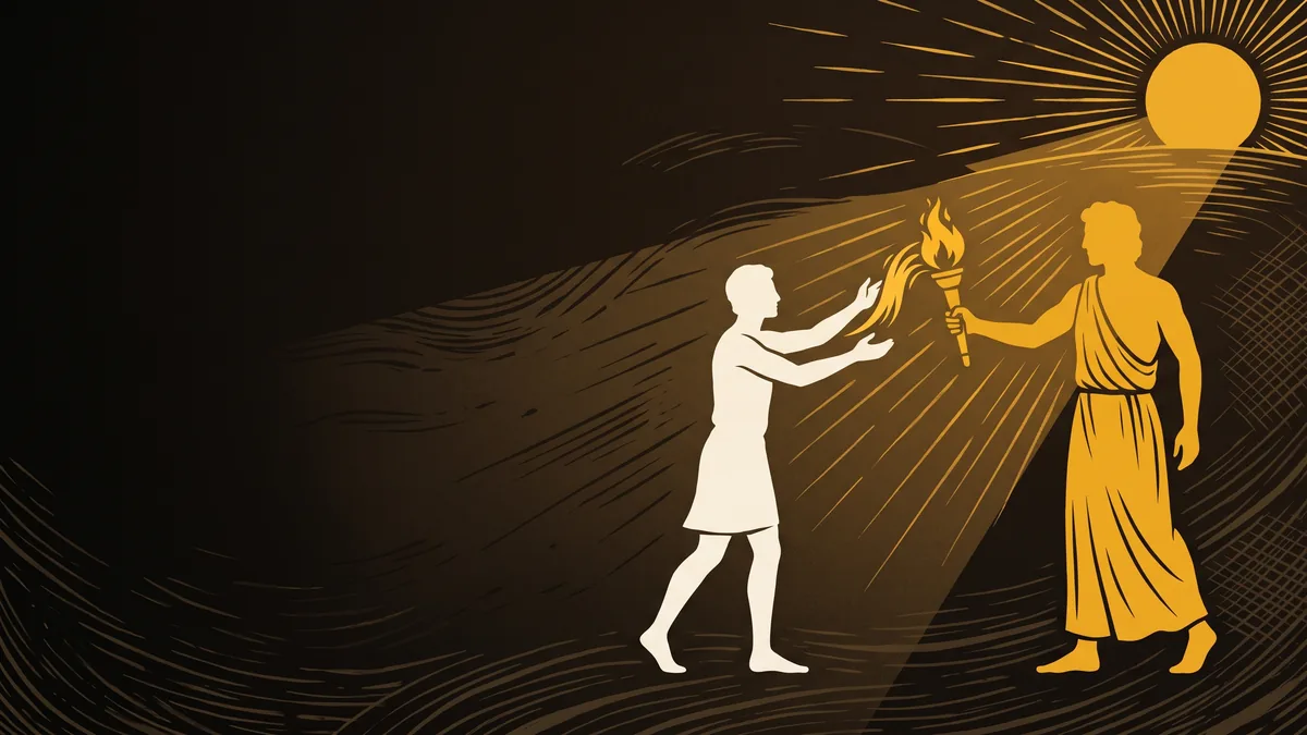 Two bone and gold silhouette figures passing a lit golden torch between them beneath a low gold sun, in K7's woodcut style.