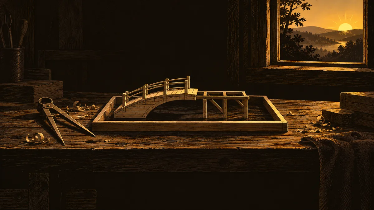 A partly built wooden bridge model sits inside a rectangular frame on a dark workbench, beside measuring dividers, with a gold sun shining through the window.