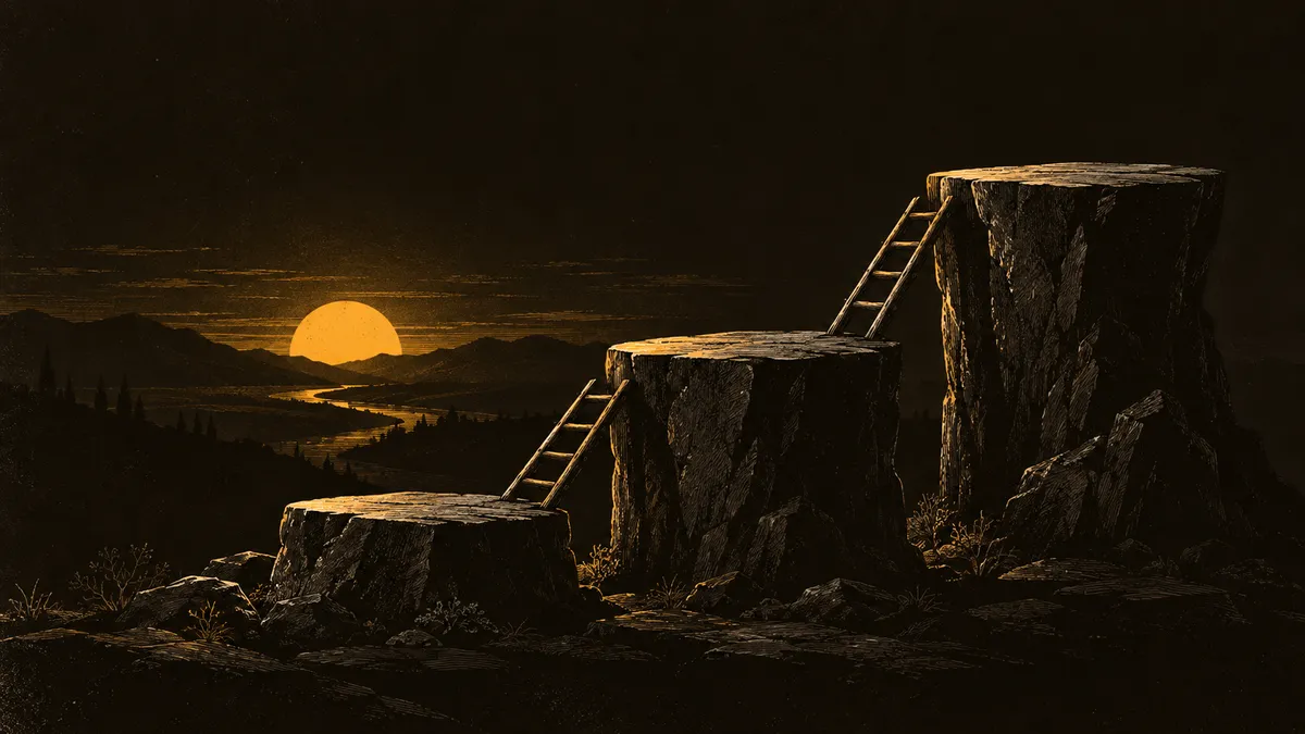 Three stone platforms rise across a dark landscape, connected by wooden ladders and lit by a low gold sun.