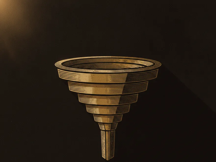 A gold woodcut sales funnel narrowing from a wide top of leads down to a narrow point of closed deals, on a dark umber ground.