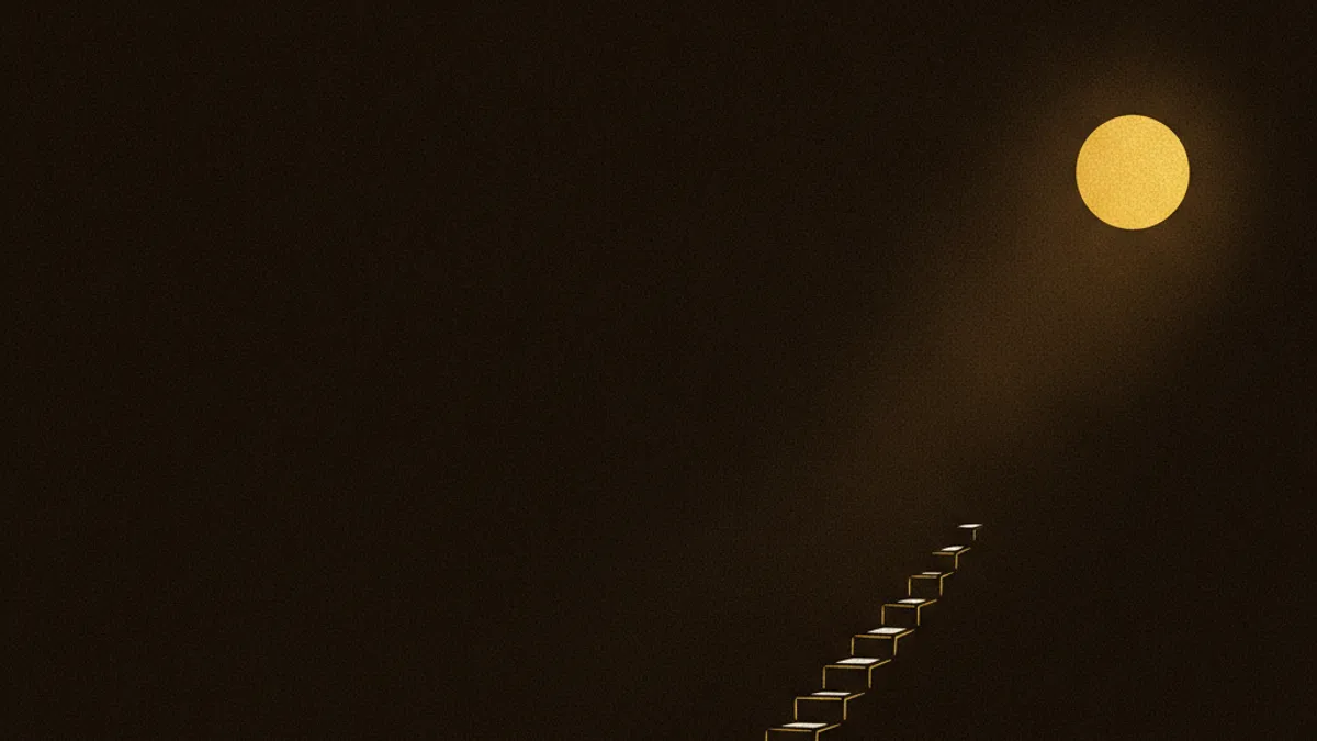 A gold sun low in a dark sky with a faint flight of steps climbing toward it, in K7's gold and bone woodcut style.