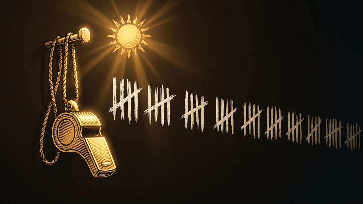 A gold coach's whistle hanging by its cord from a single gold peg on a dark wall, beside a long row of hand-scratched tally marks, under a small gold sun, in gold and bone woodcut style on a deep umber ground.