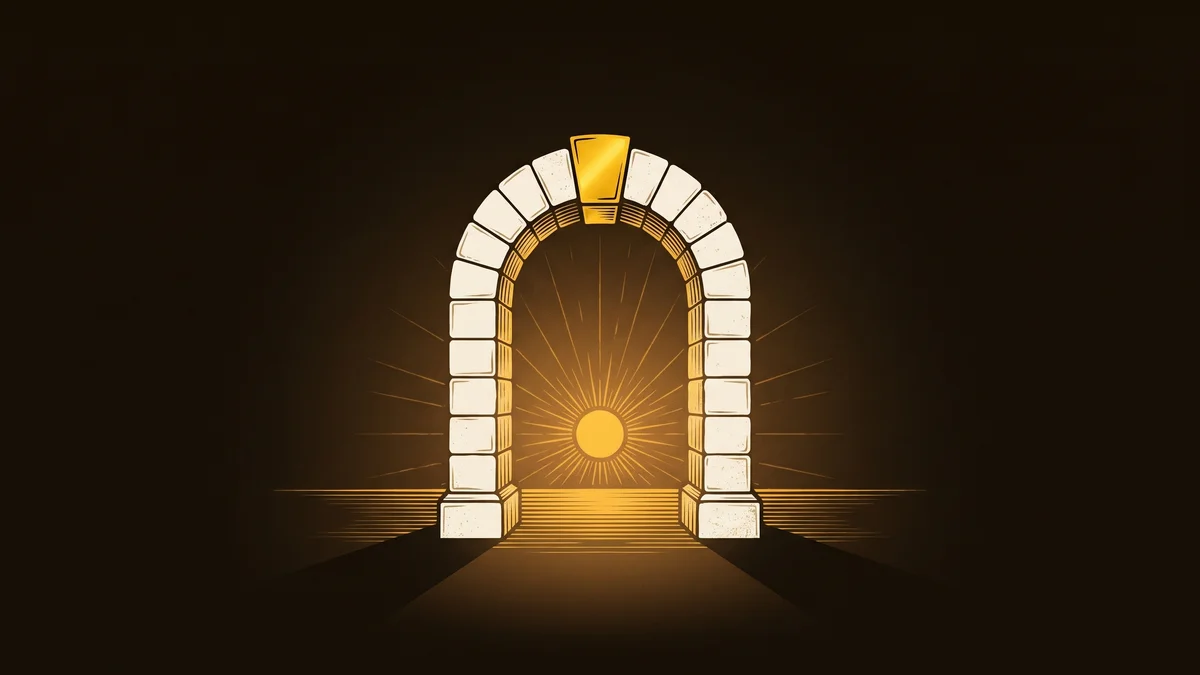 A stone arch of bone-colored blocks held up by a single gold keystone at its crown, a small gold sun behind it, in gold and bone woodcut style on a deep umber ground.