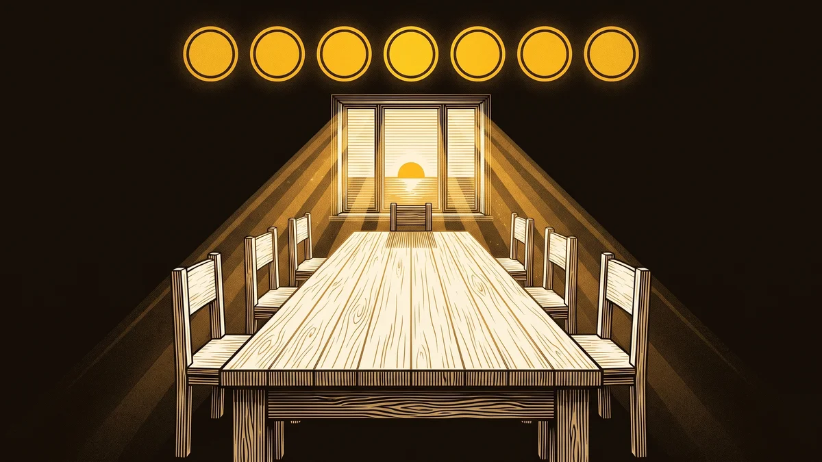 A long bone-colored meeting table seen from one end with seven empty chairs, a row of identical filled gold circles on the wall above it, and a low gold sun dimming in a window.