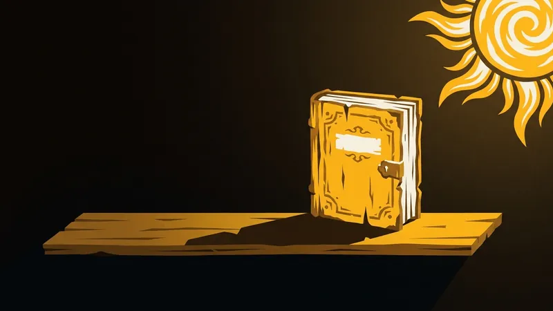 A thick closed ledger book standing on a wooden shelf, lit from the side by a small sun casting a long shadow, in gold and bone on a dark ground.