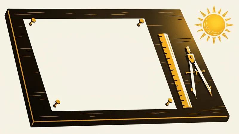 A blank sheet of drafting paper pinned to a board with a straightedge and compass beside it, under the sun, in gold and bone on a dark ground.