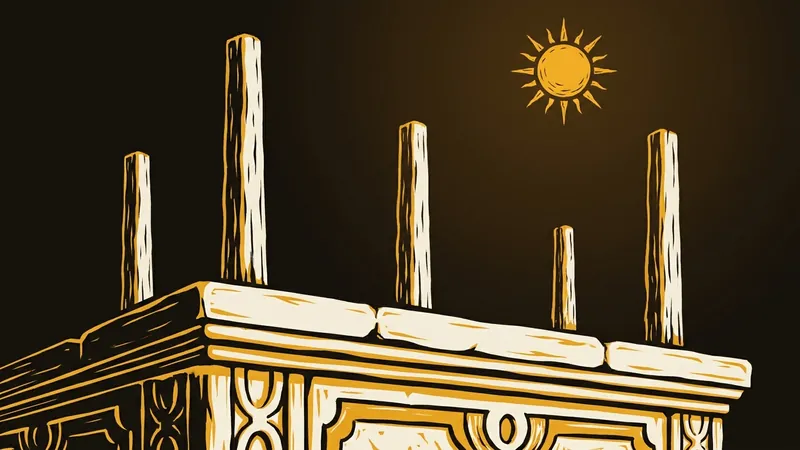 A broad stone foundation with columns of uneven heights rising from it under the sun, in gold and bone on a dark ground.
