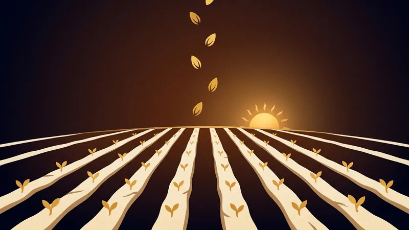 Furrowed field rows with young sprouts and seeds falling toward the soil under a low sun, in gold and bone on a dark ground.