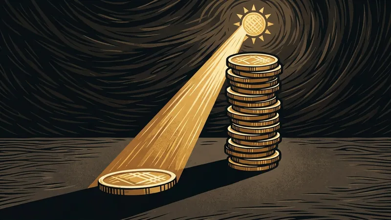 A tall stack of coins under a hard shaft of sunlight throwing a long shadow, in gold and bone on a dark ground.