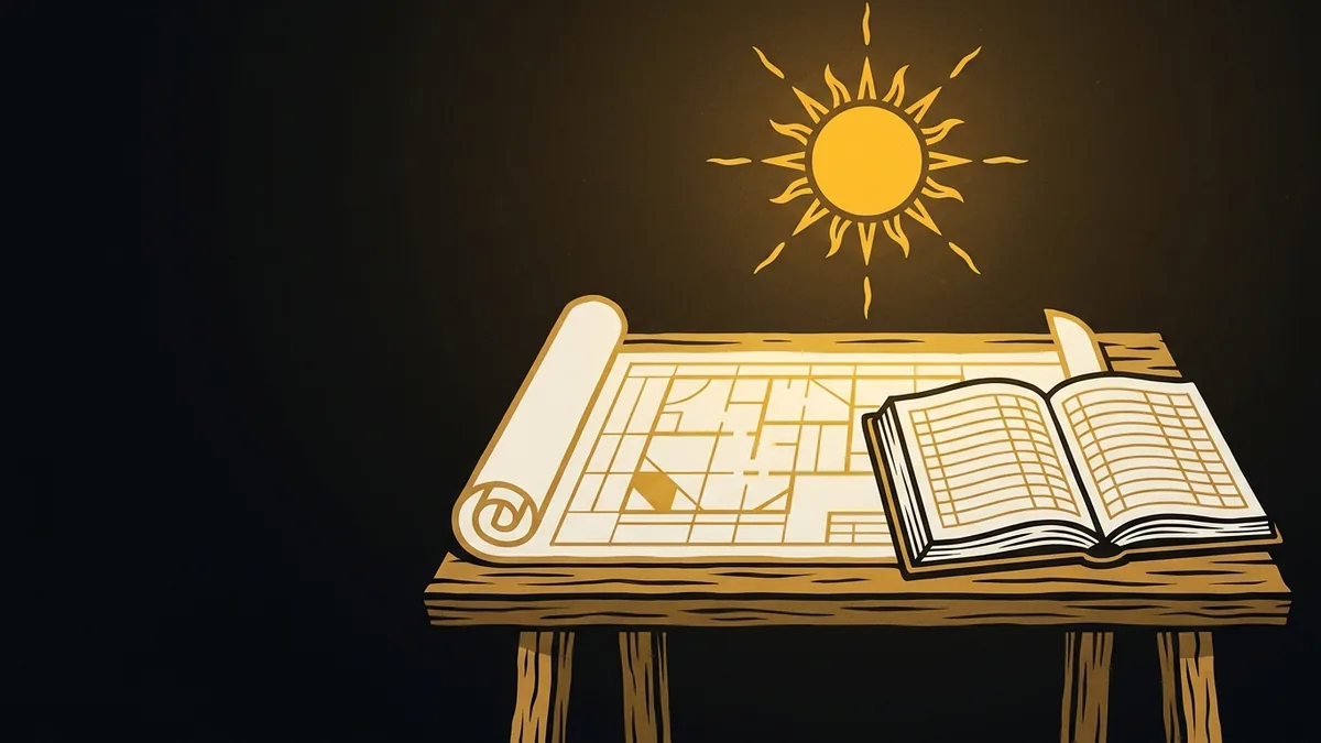An architect's plan and a ledger unrolled on a drafting table, lit by a small glowing sun overhead, in gold and bone on a deep umber ground.