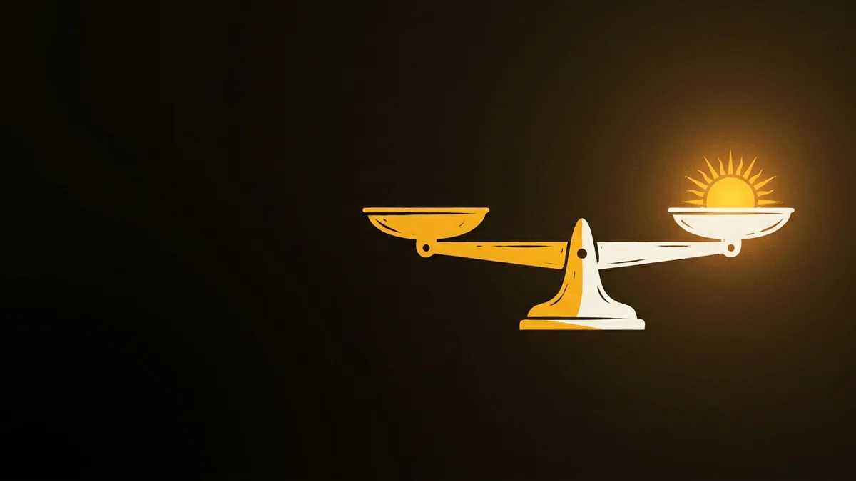 An old-style balance scale with a small glowing sun resting on one pan, in gold and bone on a dark ground.