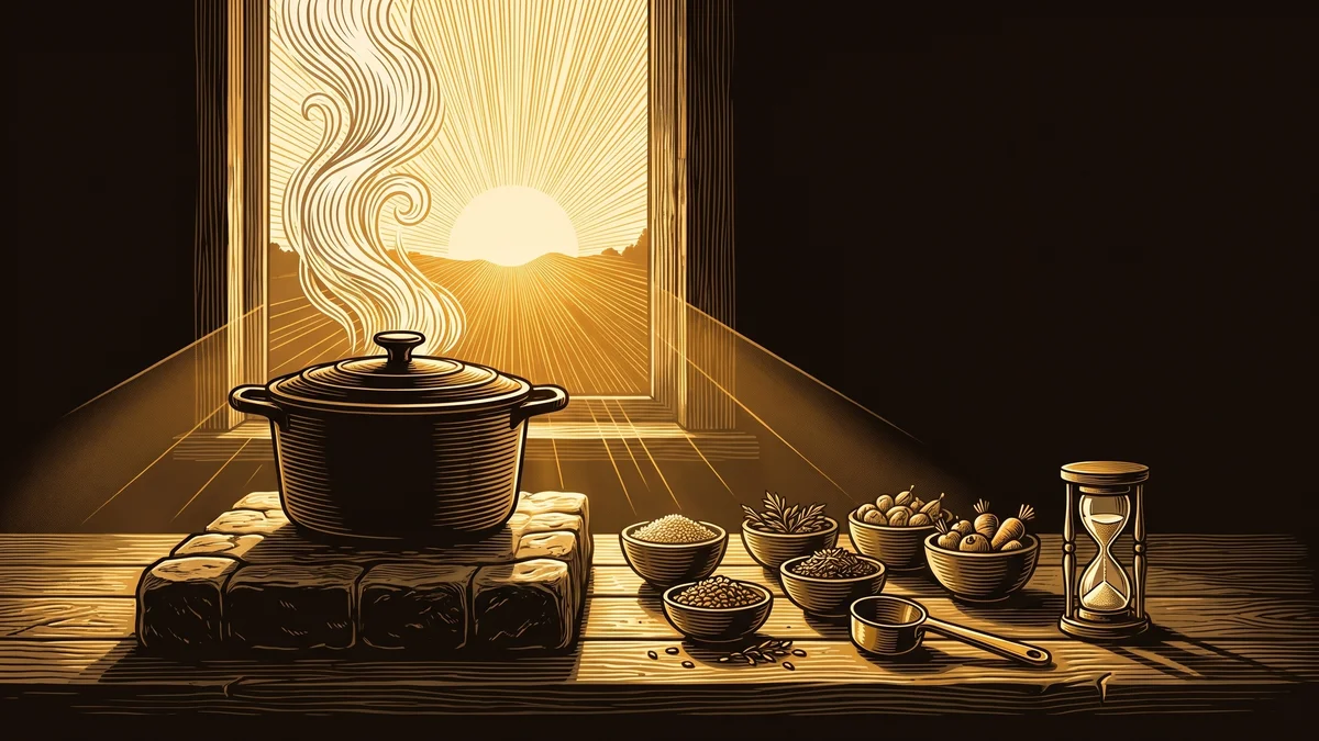 A cast-iron pot steaming on a stone hearth in front of a sunlit window, with a row of small ingredient bowls, a measuring scoop and an hourglass lined up beside it on a wooden table.