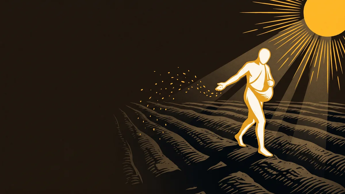 A bone and gold silhouette figure walking a furrowed field and scattering seed toward a low gold sun, in K7's woodcut style.