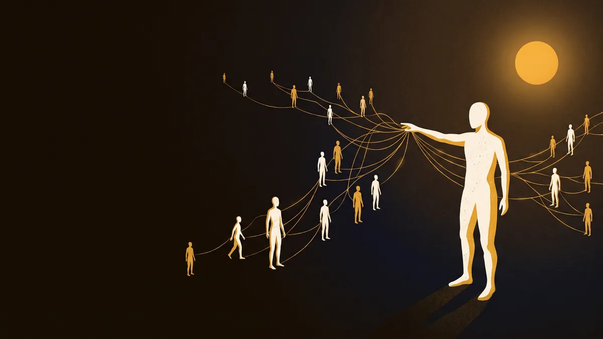 A bone and gold silhouette figure with golden threads branching to a spreading chain of smaller figures beneath a gold sun, in K7's woodcut style.