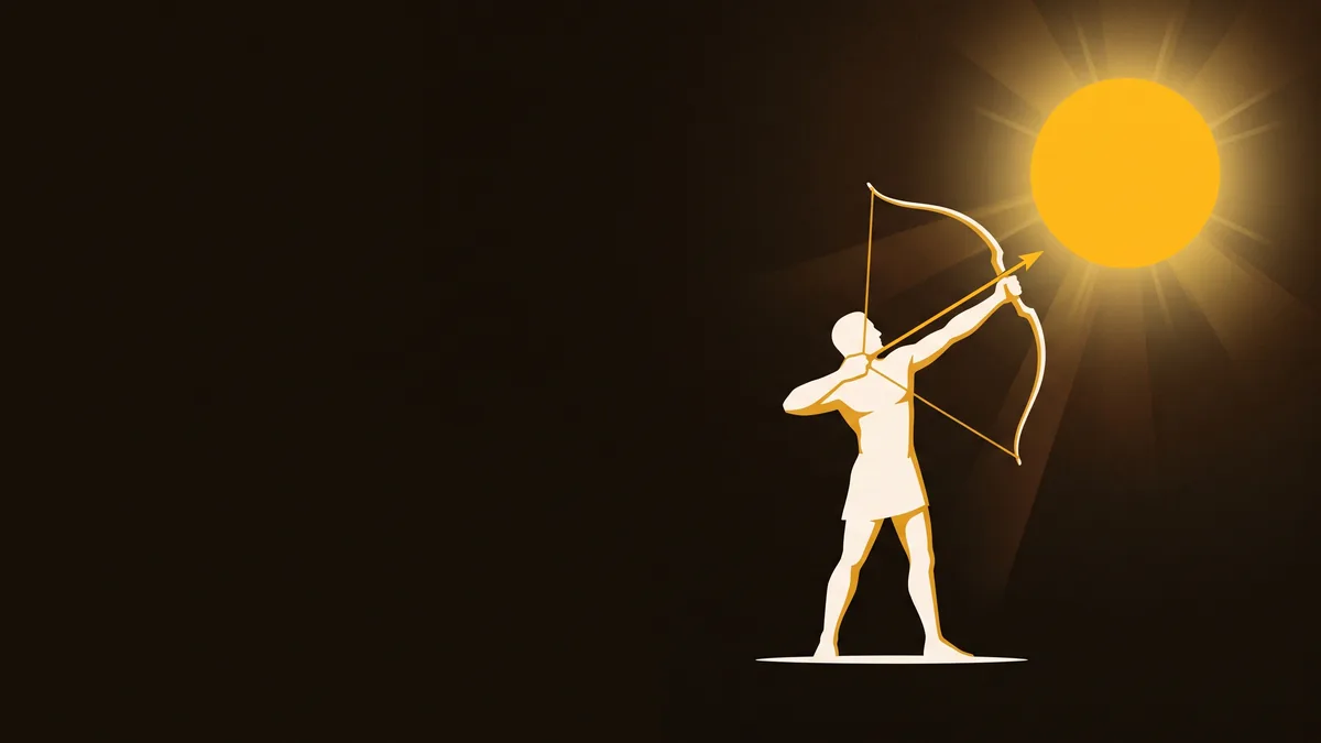 A bone and gold silhouette archer drawing a bow and aiming an arrow at a glowing gold sun, in K7's woodcut style.