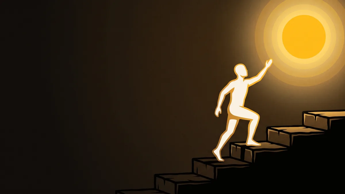 A bone and gold silhouette figure climbing stone steps toward a glowing gold sun, in K7's woodcut style.