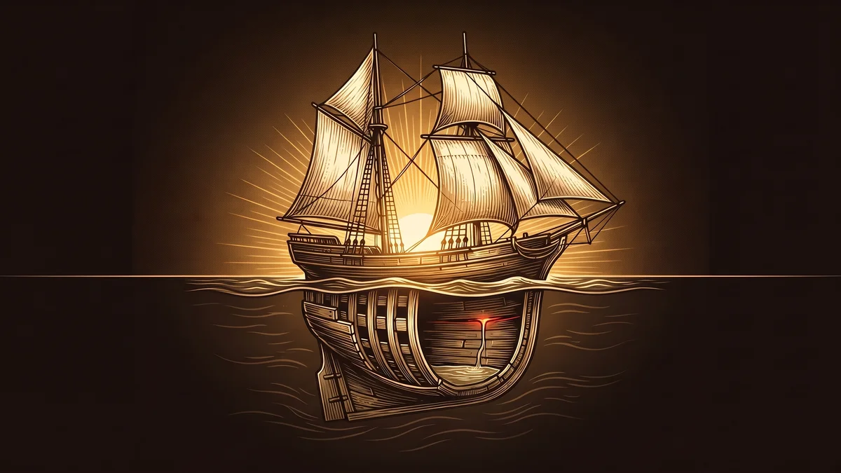 A two-masted wooden sailing ship on a calm sea with a low sun glowing behind its sails. Below the waterline the hull is drawn cut open, showing a seam in the planking glowing red and a thin stream of water running from it into a pool in the bottom of the hold.