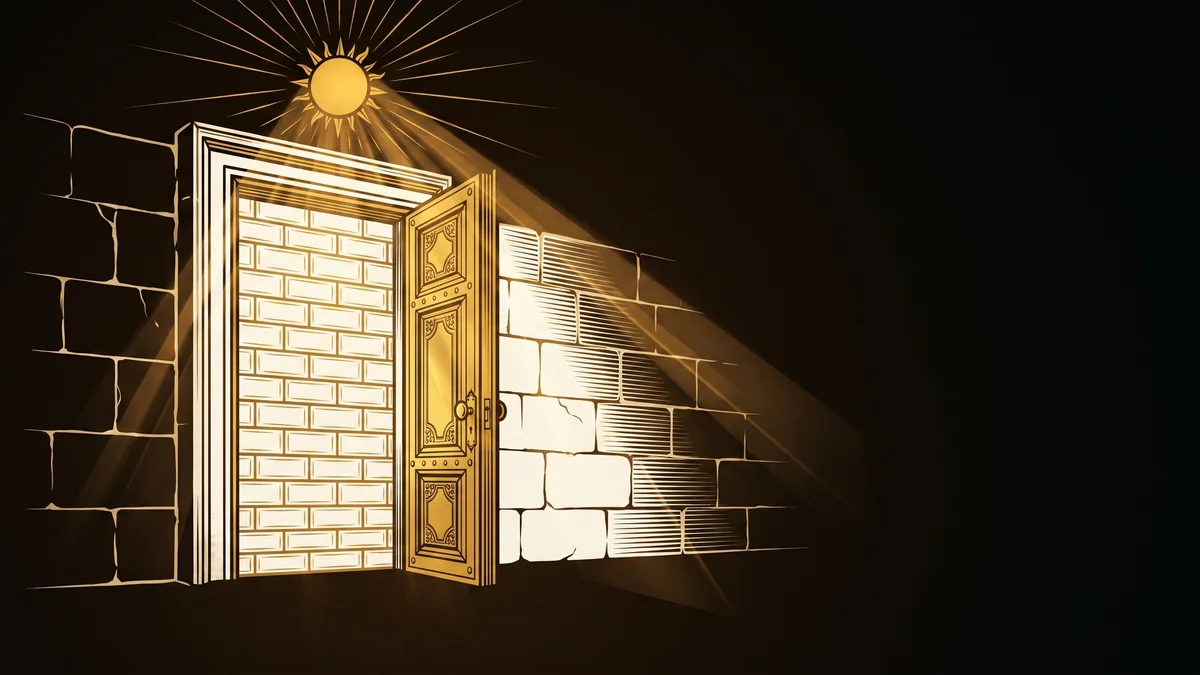 An ornate gold door standing open in a bone-colored wall, revealing solid brickwork directly behind it, lit by a small gold sun above.
