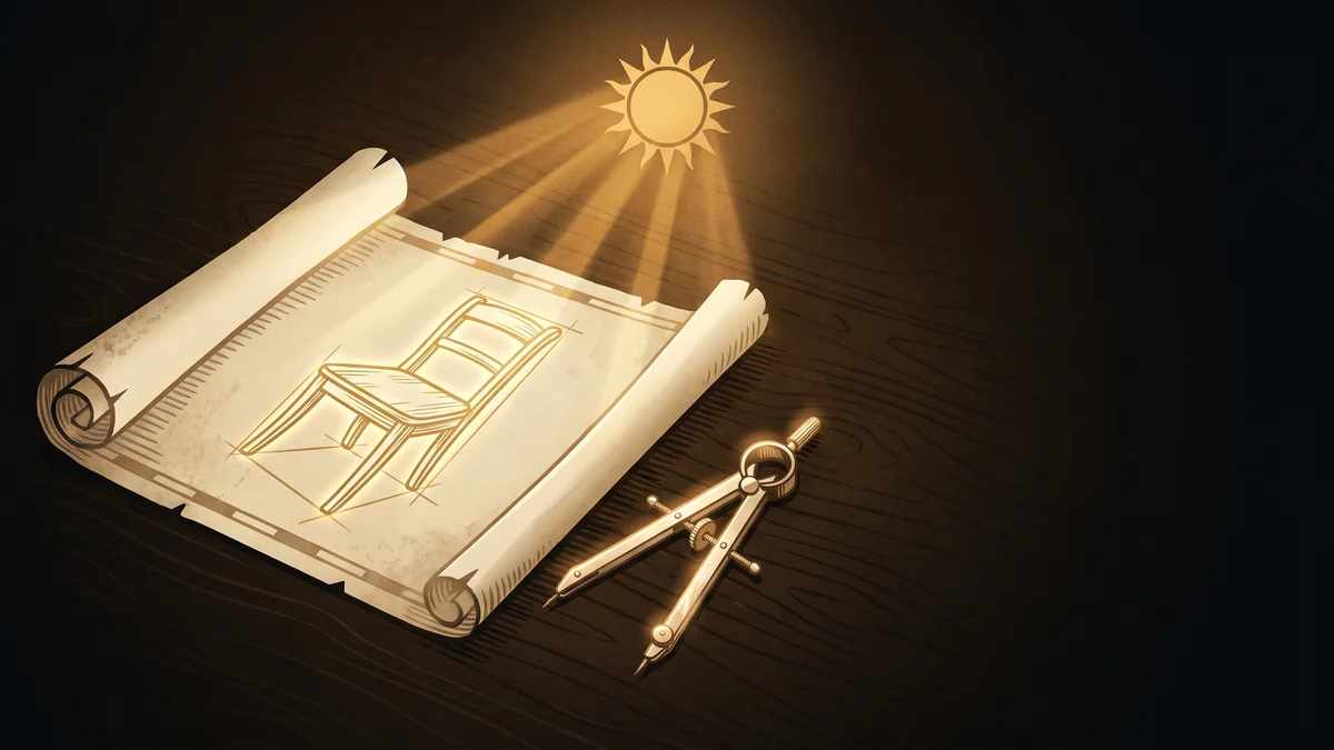 An unrolled blueprint scroll with a chair drawn on it, a drafting compass resting beside it, in gold and bone woodcut lines on a deep umber ground beneath a small gold sun.
