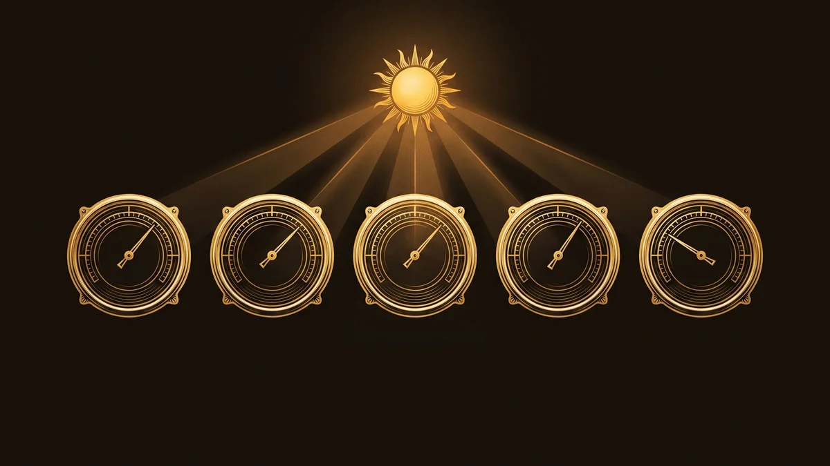 Five gold instrument dials in a row beneath a glowing sun that lights each gauge, in gold and bone woodcut style on a deep umber ground.