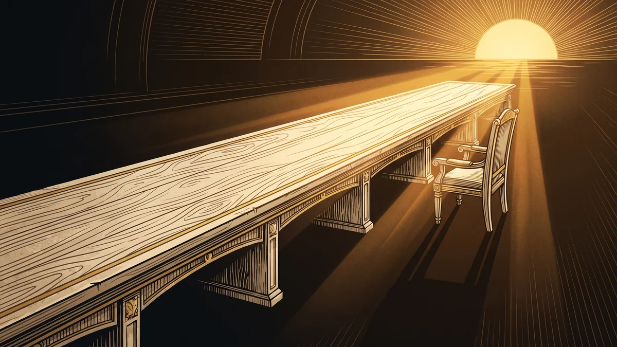 A long bone-colored council table stretching toward a low gold sun on the horizon, one empty chair pulled out and waiting at its side, in gold and bone woodcut style on a deep umber ground.
