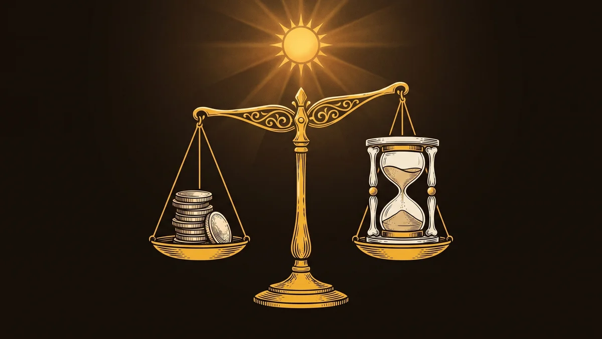 A gold balance scale weighing a stack of coins against an hourglass, under a small glowing sun, in gold and bone on a deep umber ground.