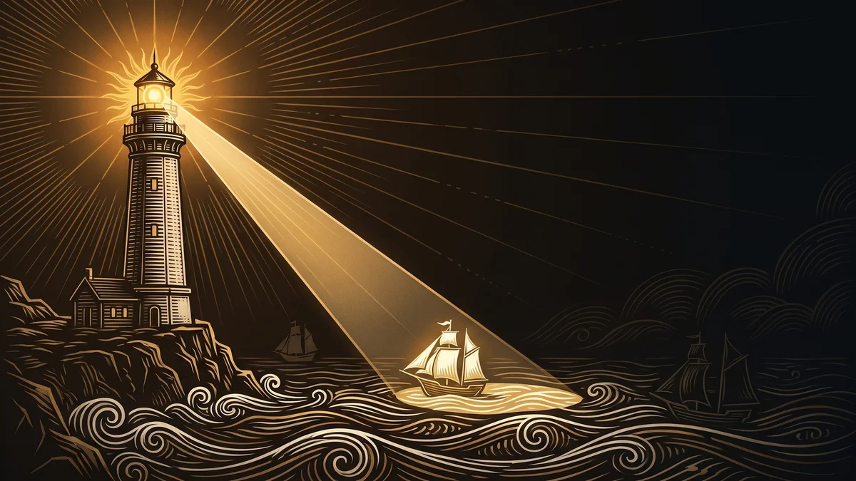 A lighthouse whose lamp is a small glowing sun, its gold beam picking out one of three ships on dark water, in gold and bone woodcut style on a deep umber ground.