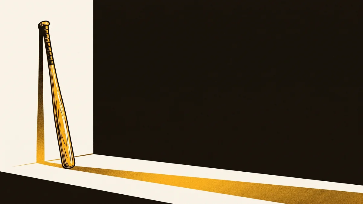 A single gold baseball bat leaning upright against a bone-colored wall, casting one long warm shadow across the floor.