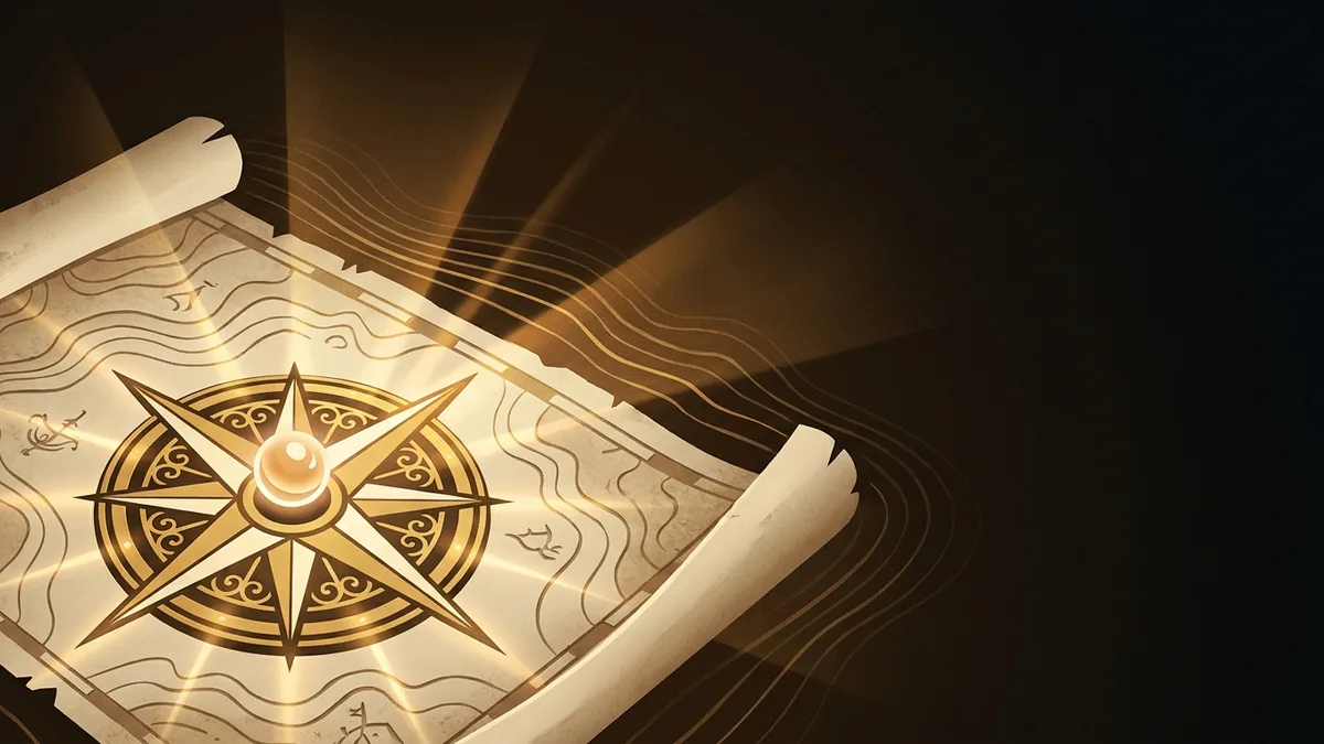 A gold compass rose over an unrolled map, with a small glowing sun at its center, in gold and bone on a deep umber ground.