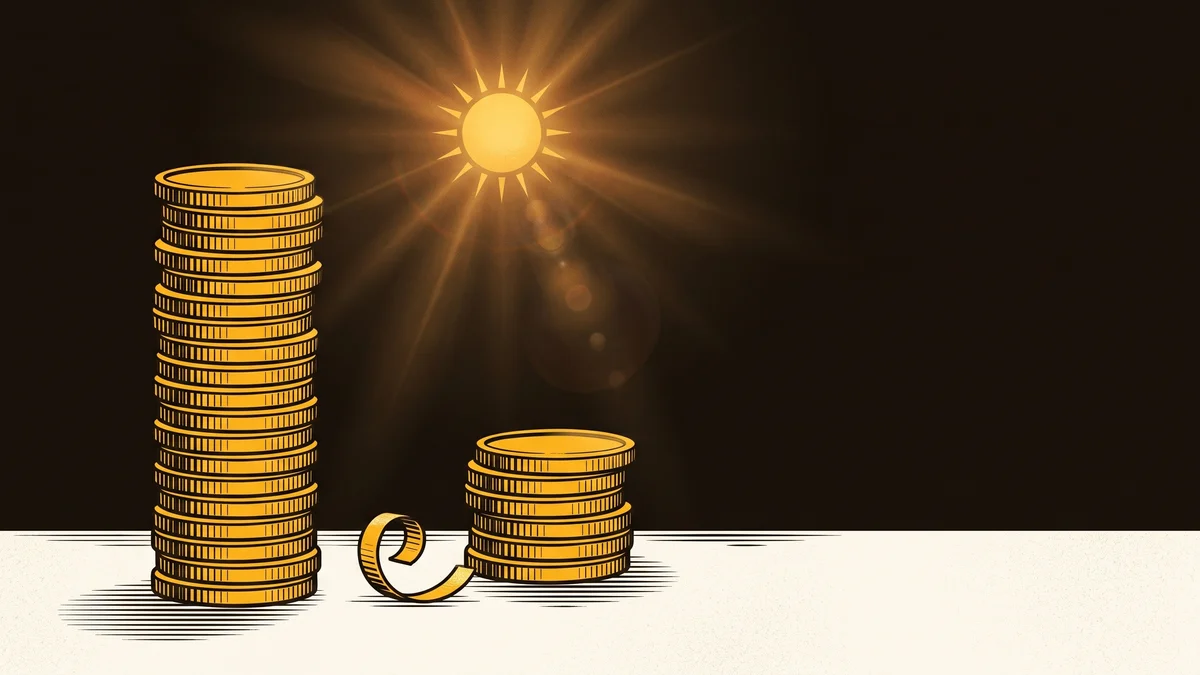 A tall stack of gold coins beside a noticeably shorter stack, a thin curled sliver of shaved gold resting between them, in gold and bone woodcut style on a deep umber ground.