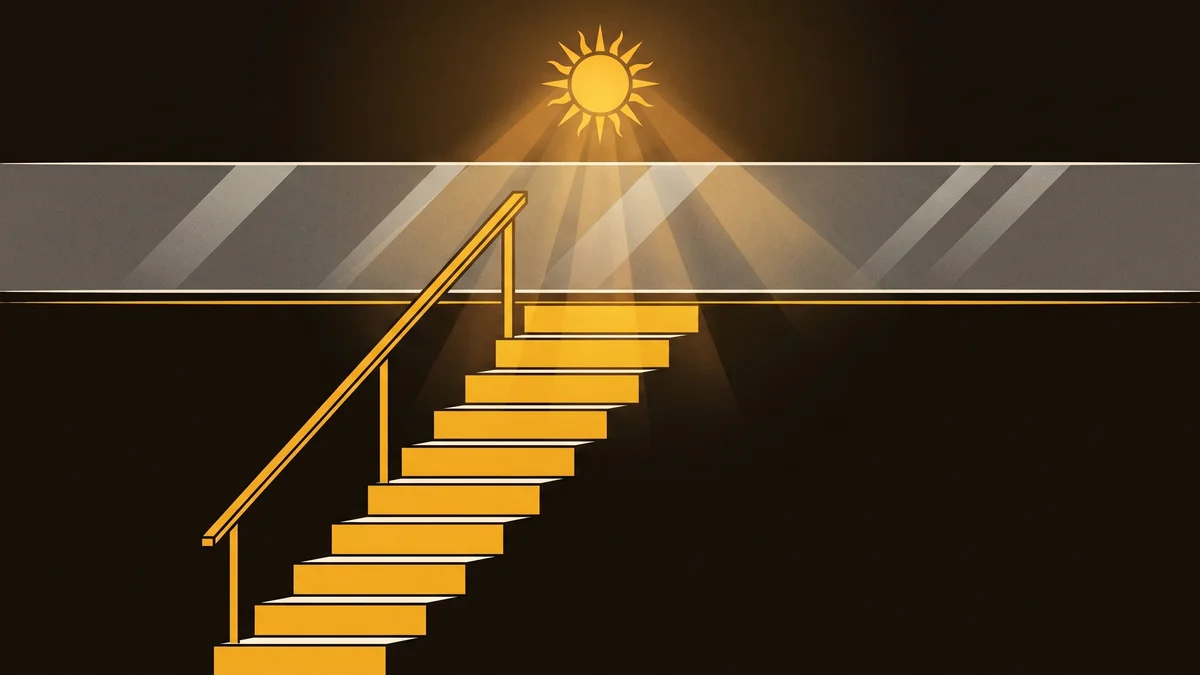 A flight of gold stairs climbing toward a glowing sun and stopping flat against a horizontal pane of glass, in gold and bone woodcut style on a deep umber ground.