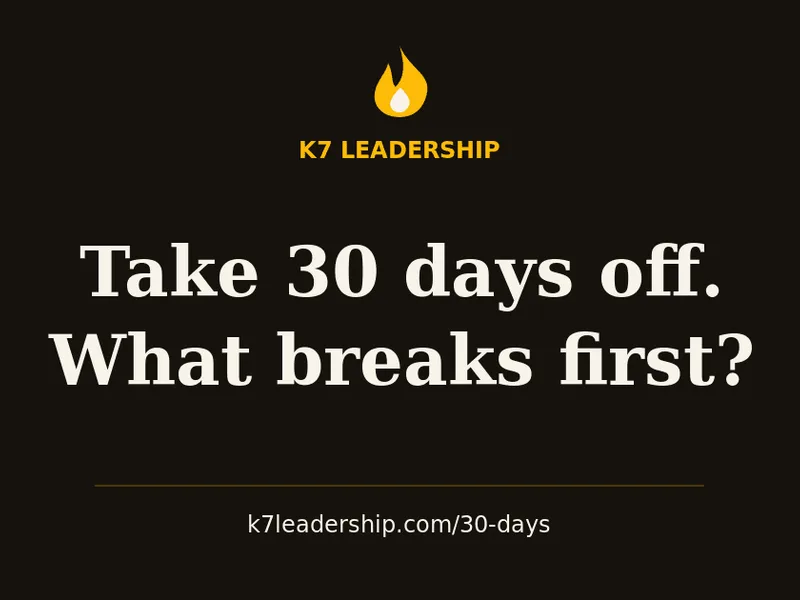 A gold flame above "Take 30 days off. What breaks first?" on a dark background