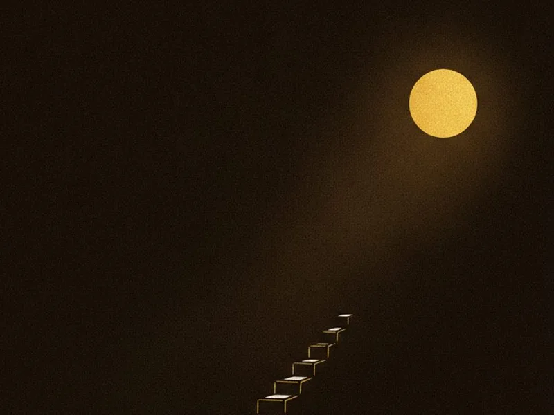 A path of gold steps under a full moon in the dark, gold and bone woodcut style