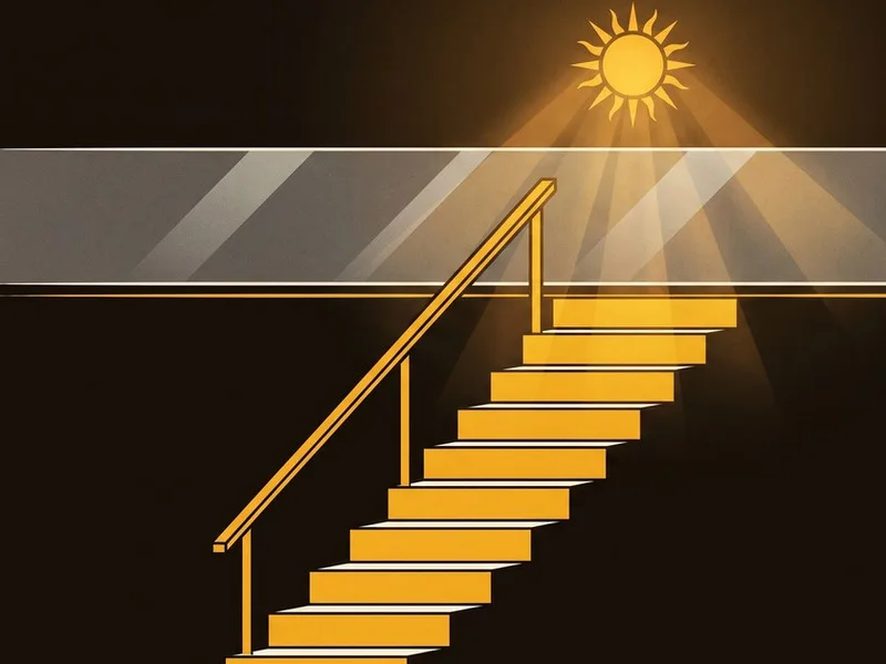 A gold staircase rising toward a glass ceiling with a sun above it, gold and bone woodcut style