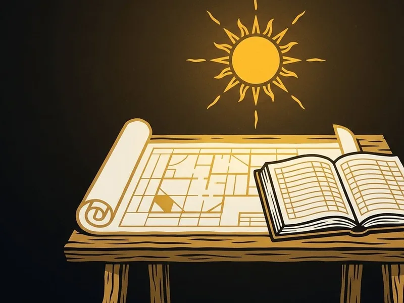 A blueprint scroll and an open ledger on a wooden table under a sun, woodcut style