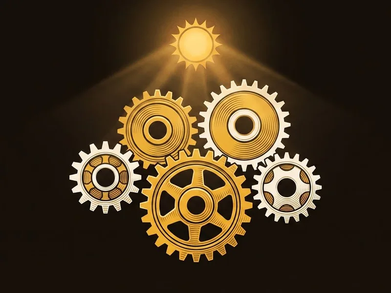 Five mismatched gold gears meshed into one working drivetrain, gold and bone woodcut style